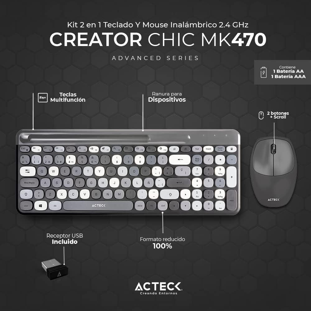Combo Teclado y Mouse Inalámbrico 2 en 1 Creator Chic Colors MK470, Teclado + Mouse 2.4Ghz, Diseño Delgado + 2xBaterías AAA Incluidas Gris Advanced Series