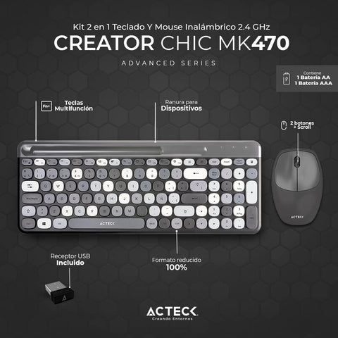 Combo Teclado y Mouse Inalámbrico 2 en 1 Creator Chic Colors MK470, Teclado + Mouse 2.4Ghz, Diseño Delgado + 2xBaterías AAA Incluidas Gris Advanced Series