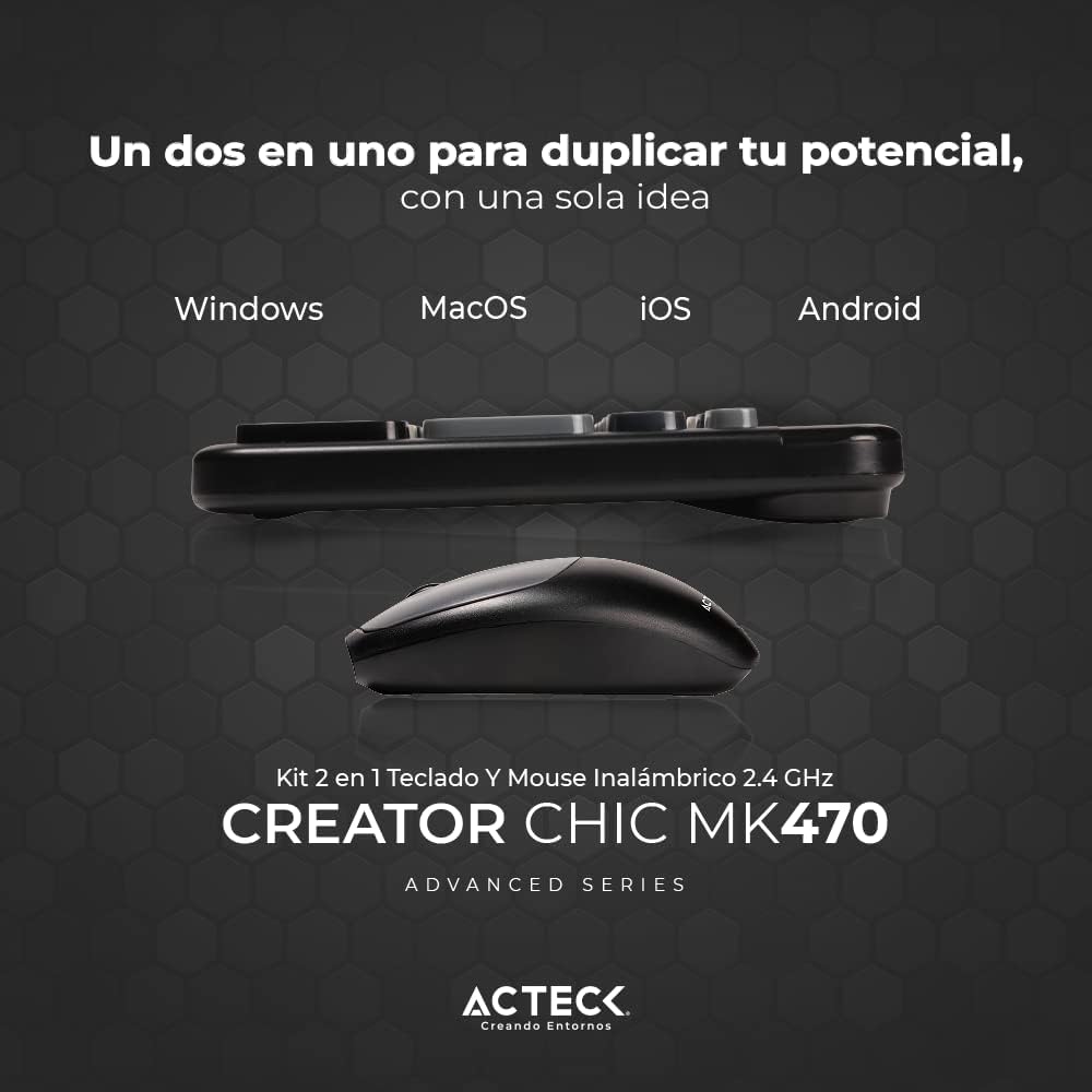 Combo Teclado y Mouse Inalámbrico 2 en 1 Creator Chic Colors MK470, Teclado + Mouse 2.4Ghz, Diseño Delgado + 2xBaterías AAA Incluidas Gris Advanced Series