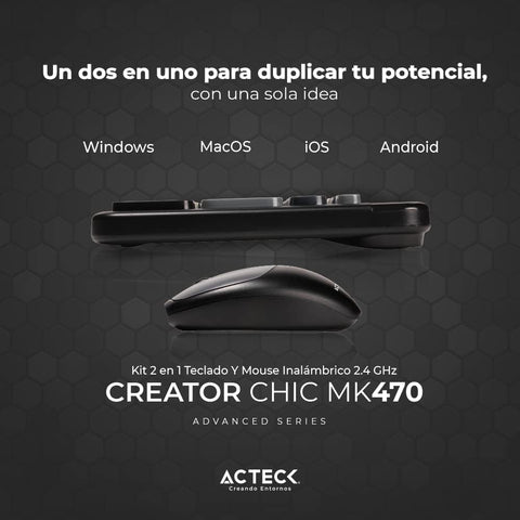 Combo Teclado y Mouse Inalámbrico 2 en 1 Creator Chic Colors MK470, Teclado + Mouse 2.4Ghz, Diseño Delgado + 2xBaterías AAA Incluidas Gris Advanced Series