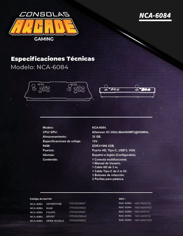 Consola Arcade Multijuegos Maquinita Gaming Nca-6084 Necnon - War