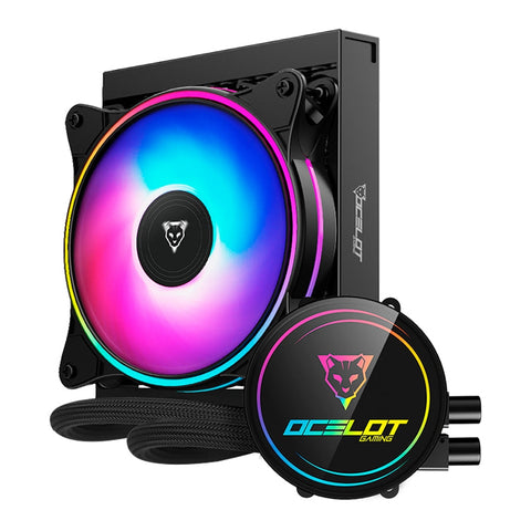 Enfriamiento Líquido Gamer Ocelot Disipador Ventilador de 120mm Iluminación ARGB Color Negro Modelo OEL120