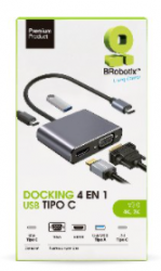 Docking Brobotix 4 En 1, Usb-C Macho X1 A Hdmi 2k Y 4k  X1, Svga X1, Usb-A V3.0 X 1, Usb-C Hembra X1, Color Plata