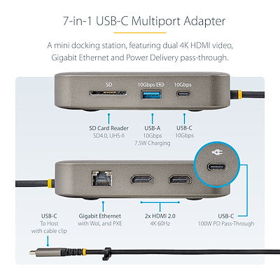 Docking Station - Adaptador Multipuertos Usb-C - Video Doble Hdmi - 4k 60hz - Hub Usb 3.1 - Pd De 100w - Cable De 55cm - Startech.Com Modelo 102b-Usbc-Multiport