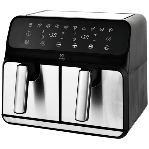 Freidora de aire digital Mirati. Canasta doble 4 litros cada una, 1700W, temperatura independiente 60°-200°. Modelo MFA03.