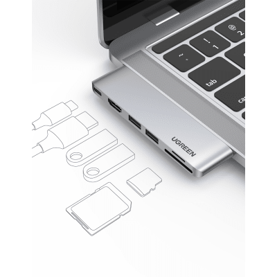 Hub USB-C 6 en 1 | 2xUSB-A 3.0 (5Gbps) | HDMI 4K@30Hz | Puerto PD 100W | Lector SD+MicroSD | Aluminio | Compatible Thunderbolt 3 | Compacto 110x29x8.5mm