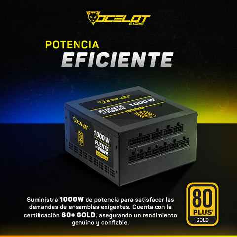 Fuente de poder Ocelot Gaming OPS1000. Formato ATX, 1000 Watts de potencia, Modular, certificación  80+ Gold.