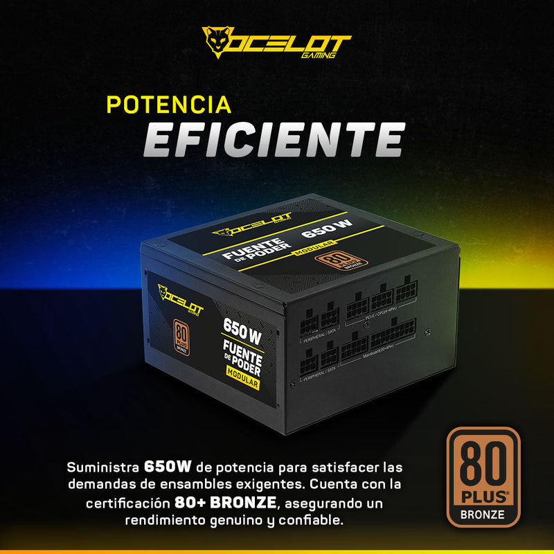 Fuente de poder Ocelot Gaming OPS650. Formato ATX, 650 Watts de potencia, Modular, certificación  80+ Bronze.