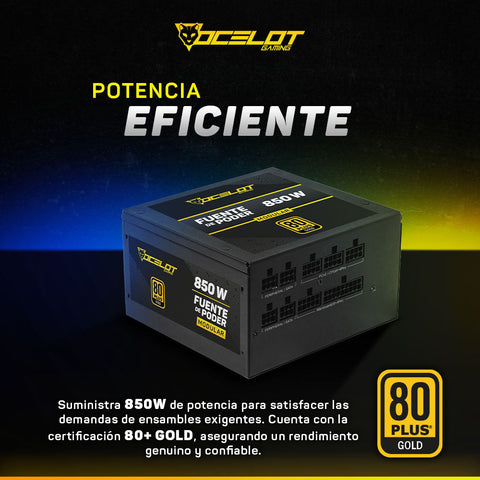 Fuente de poder Ocelot Gaming OPS850. Formato ATX, 850 Watts de potencia, Modular, certificación  80+ Gold.