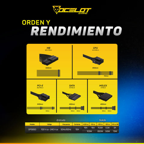 Fuente de poder Ocelot Gaming OPS850. Formato ATX, 850 Watts de potencia, Modular, certificación  80+ Gold.
