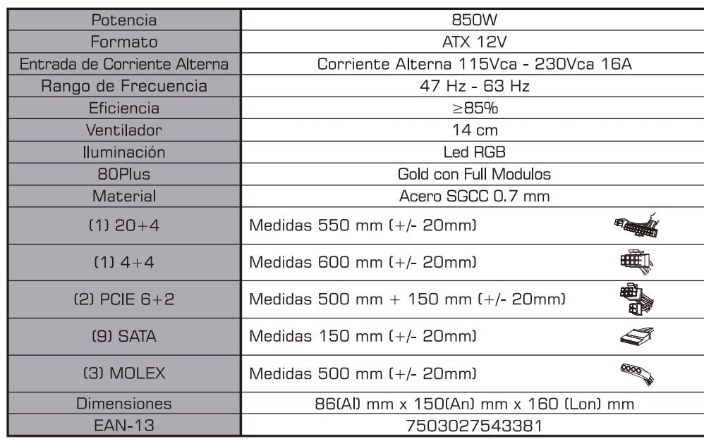 Fuente De Poder Yeyian Yfr-46701 Raiden 850w 80 Plus Gold Rgb Atx Fm