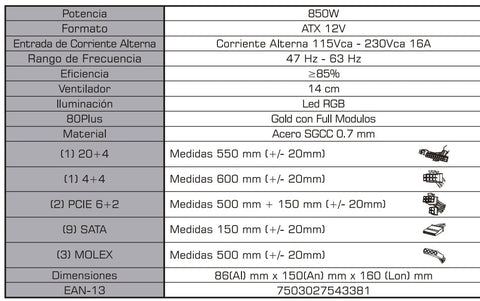 Fuente De Poder Yeyian Yfr-46701 Raiden 850w 80 Plus Gold Rgb Atx Fm