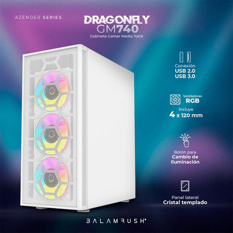 Gabinete Gamer Media Torre Dragonflyii Gm740 Atx Cristal/Malla Blanco