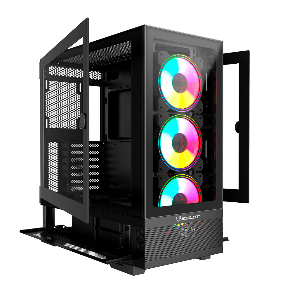 Gabinete Gamer Ocelot Gaming Hunter-2 EATX con 3 Ventiladores ARGB Cristal Templado - Negro