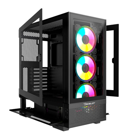 Gabinete Gamer Ocelot Gaming Hunter-2 EATX con 3 Ventiladores ARGB Cristal Templado - Negro