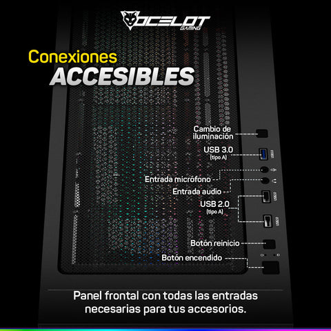 Gabinete Gamer Ocelot Gaming Hunter-2 EATX con 3 Ventiladores ARGB Cristal Templado - Negro