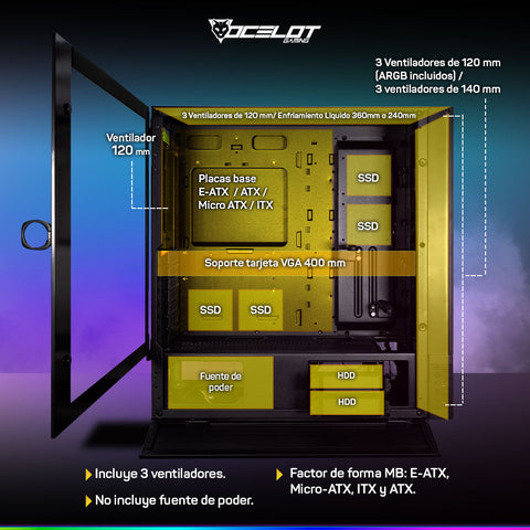 Gabinete Gamer Ocelot Gaming Hunter-2 EATX con 3 Ventiladores ARGB Cristal Templado - Negro