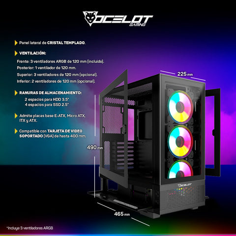 Gabinete Gamer Ocelot Gaming Hunter-2 EATX con 3 Ventiladores ARGB Cristal Templado - Negro