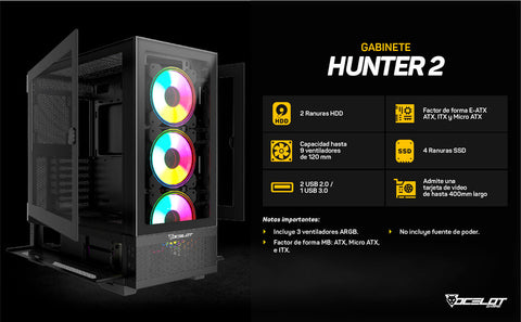Gabinete Gamer Ocelot Gaming Hunter-2 EATX con 3 Ventiladores ARGB Cristal Templado - Negro