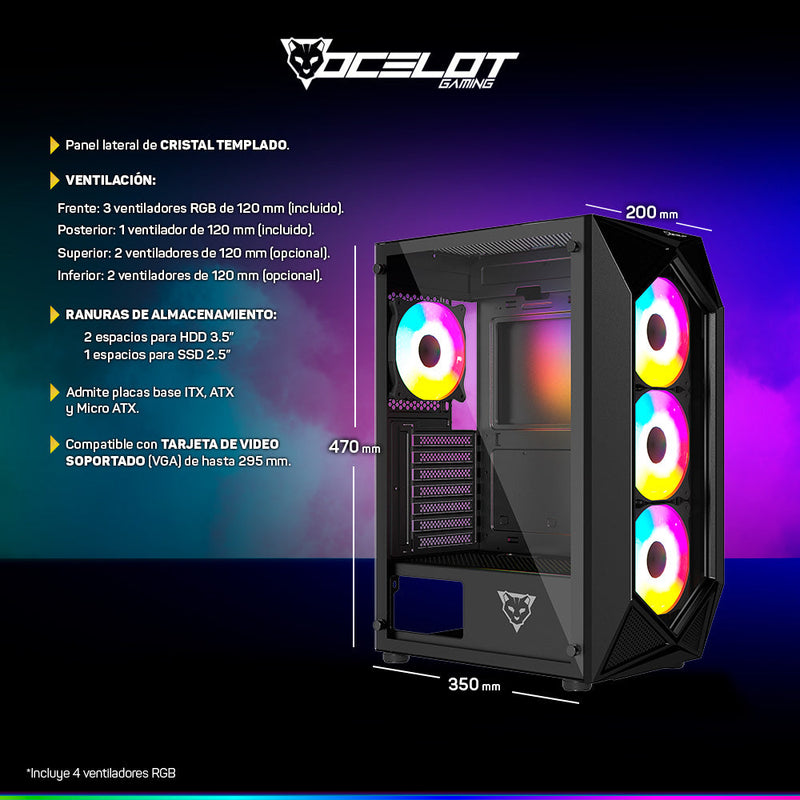 Gabinete Gamer Ocelot Gaming Polygon-E5 ATX con 4 Ventiladores RGB Cristal Templado - Negro