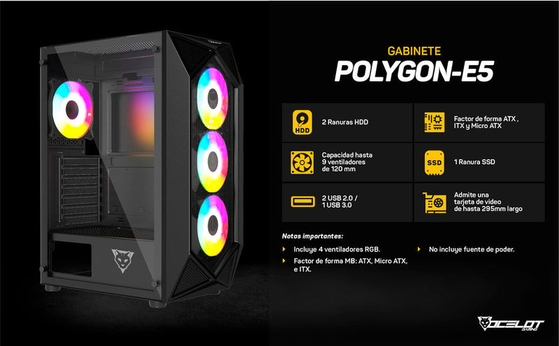 Gabinete Gamer Ocelot Gaming Polygon-E5 ATX con 4 Ventiladores RGB Cristal Templado - Negro