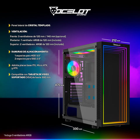 Gabinete Gamer Ocelot Gaming Portal-M4 ATX con 3 Ventiladores ARGB Cristal Templado - Negro