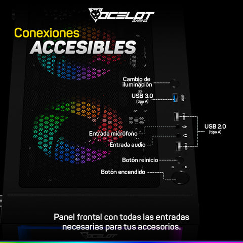 Gabinete Gamer Ocelot Gaming Portal-M4 ATX con 3 Ventiladores ARGB Cristal Templado - Negro