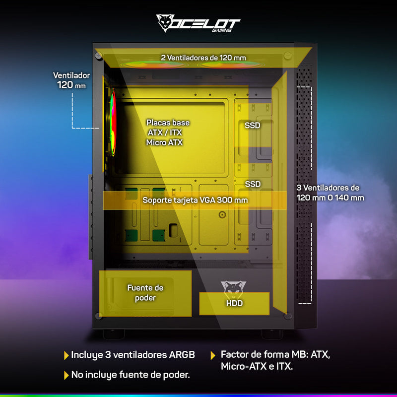 Gabinete Gamer Ocelot Gaming Portal-M4 ATX con 3 Ventiladores ARGB Cristal Templado - Negro