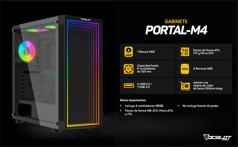 Gabinete Gamer Ocelot Gaming Portal-M4 ATX con 3 Ventiladores ARGB Cristal Templado - Negro