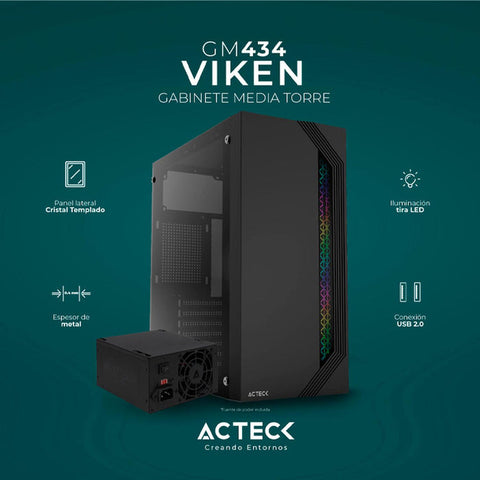 Gabinete Media Torre Viken, Fuente Atx 500w, Panel Izquierdo De Cristal, Negro - Ac-935692