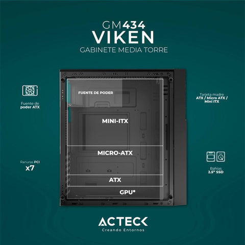 Gabinete Media Torre Viken, Fuente Atx 500w, Panel Izquierdo De Cristal, Negro - Ac-935692