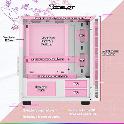 Gabinete Ocelot Gaming OC-HANAMI 1 Con Ventana Tower Micro ATX/Mini-ITX USB 2.0/3.0 Sin Fuente Rosa