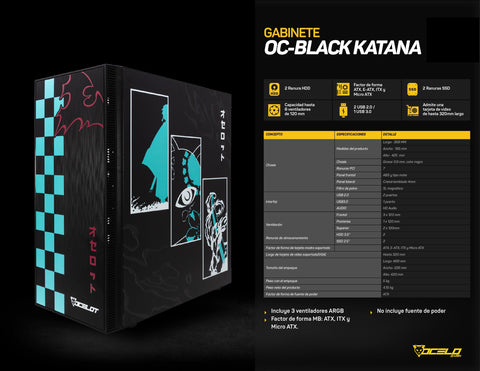 Gabinete para PC Ocelot Gaming OC-BLACK KATANA. Mid Tower, E-ATX, ATX, Micro ATX, Mini ITX, panel lateral de cristal templado. 3 ventiladores ARGB preinstalados