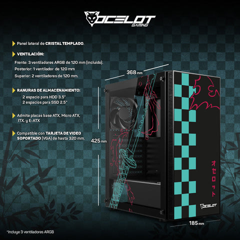 Gabinete para PC Ocelot Gaming OC-BLACK KATANA. Mid Tower, E-ATX, ATX, Micro ATX, Mini ITX, panel lateral de cristal templado. 3 ventiladores ARGB preinstalados