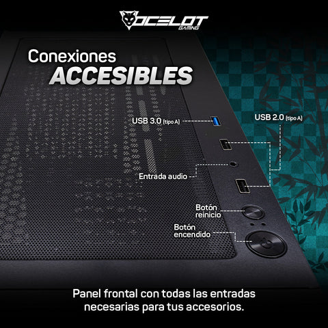 Gabinete para PC Ocelot Gaming OC-BLACK KATANA. Mid Tower, E-ATX, ATX, Micro ATX, Mini ITX, panel lateral de cristal templado. 3 ventiladores ARGB preinstalados