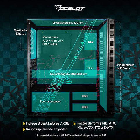 Gabinete para PC Ocelot Gaming OC-BLACK KATANA. Mid Tower, E-ATX, ATX, Micro ATX, Mini ITX, panel lateral de cristal templado. 3 ventiladores ARGB preinstalados