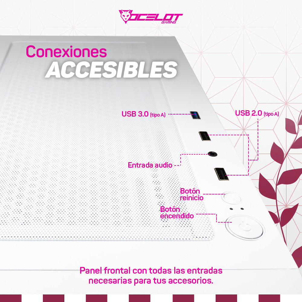 Gabinete para PC Ocelot Gaming OC-DEMON HANAMI. Mid Tower, E-ATX, ATX, Micro ATX, Mini ITX, panel lateral de cristal templado. 3 ventiladores ARGB preinstalados