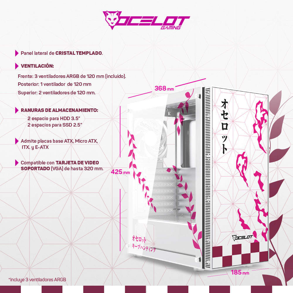 Gabinete para PC Ocelot Gaming OC-DEMON HANAMI. Mid Tower, E-ATX, ATX, Micro ATX, Mini ITX, panel lateral de cristal templado. 3 ventiladores ARGB preinstalados