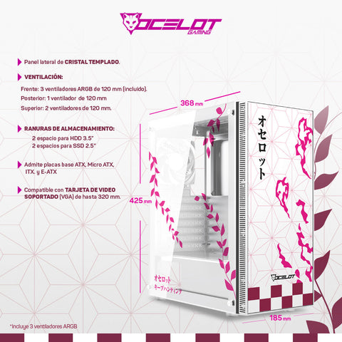 Gabinete para PC Ocelot Gaming OC-DEMON HANAMI. Mid Tower, E-ATX, ATX, Micro ATX, Mini ITX, panel lateral de cristal templado. 3 ventiladores ARGB preinstalados