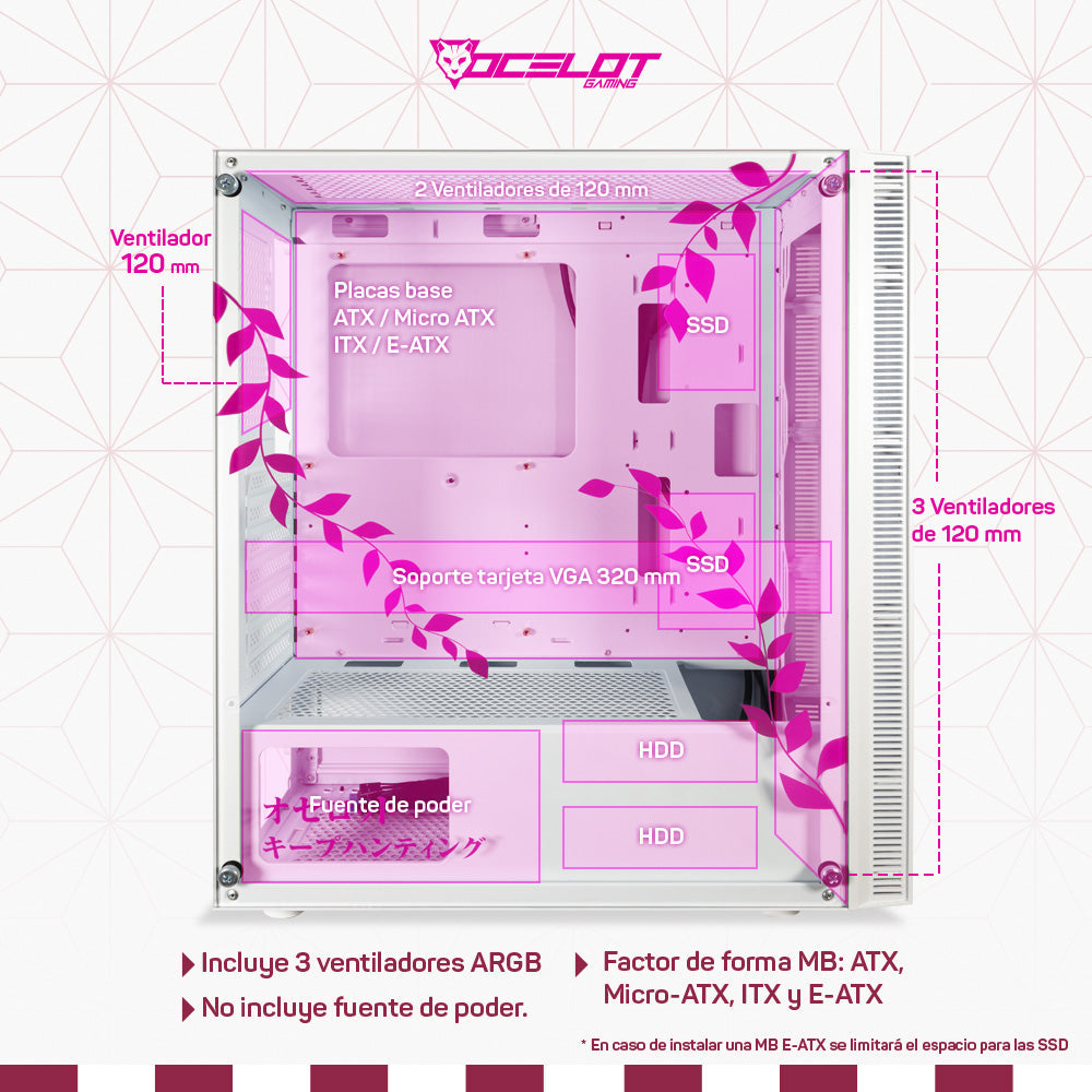 Gabinete para PC Ocelot Gaming OC-DEMON HANAMI. Mid Tower, E-ATX, ATX, Micro ATX, Mini ITX, panel lateral de cristal templado. 3 ventiladores ARGB preinstalados