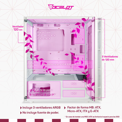 Gabinete para PC Ocelot Gaming OC-DEMON HANAMI. Mid Tower, E-ATX, ATX, Micro ATX, Mini ITX, panel lateral de cristal templado. 3 ventiladores ARGB preinstalados