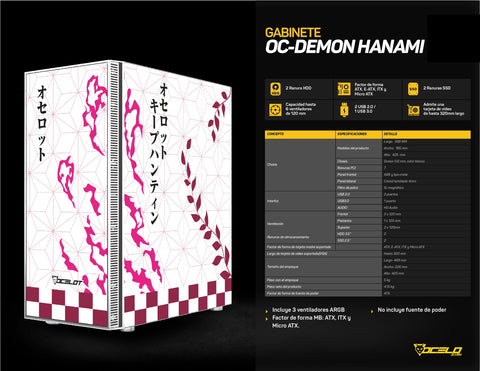 Gabinete para PC Ocelot Gaming OC-DEMON HANAMI. Mid Tower, E-ATX, ATX, Micro ATX, Mini ITX, panel lateral de cristal templado. 3 ventiladores ARGB preinstalados