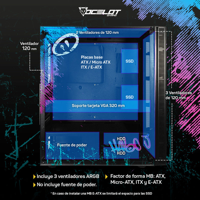 Gabinete para PC Ocelot Gaming OC-HAVOC 3. Mid Tower, E-ATX, ATX, Micro ATX, Mini ITX, panel lateral de cristal templado. 3 ventiladores ARGB preinstalados