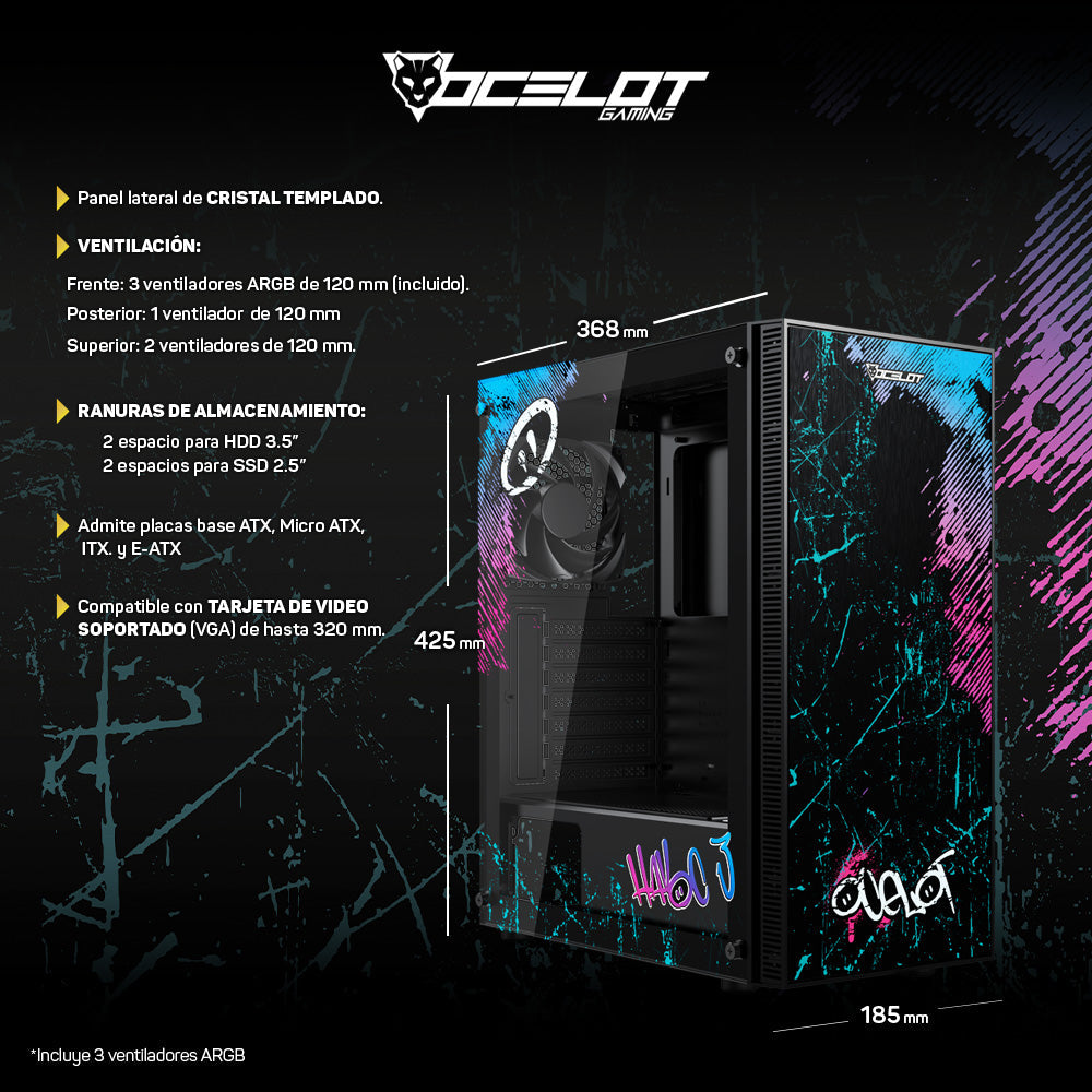 Gabinete para PC Ocelot Gaming OC-HAVOC 3. Mid Tower, E-ATX, ATX, Micro ATX, Mini ITX, panel lateral de cristal templado. 3 ventiladores ARGB preinstalados