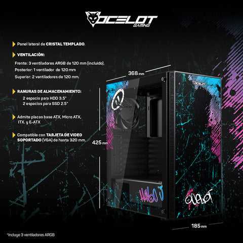Gabinete para PC Ocelot Gaming OC-HAVOC 3. Mid Tower, E-ATX, ATX, Micro ATX, Mini ITX, panel lateral de cristal templado. 3 ventiladores ARGB preinstalados