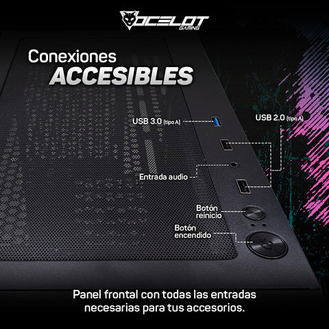 Gabinete para PC Ocelot Gaming OC-HAVOC 3. Mid Tower, E-ATX, ATX, Micro ATX, Mini ITX, panel lateral de cristal templado. 3 ventiladores ARGB preinstalados
