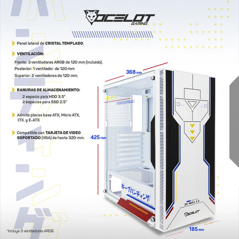 Gabinete para PC Ocelot Gaming OC-MEKA 4.0. Mid Tower, E-ATX, ATX, Micro ATX, Mini ITX, panel lateral de cristal templado. 3 ventiladores ARGB preinstalados