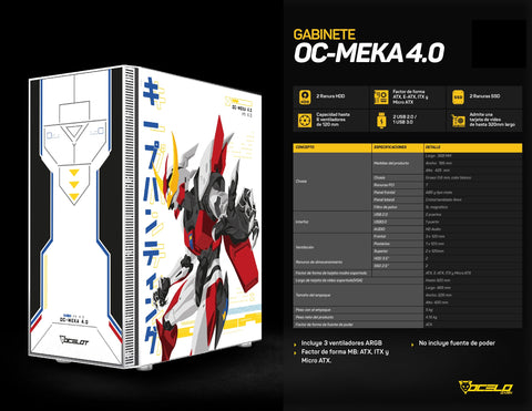 Gabinete para PC Ocelot Gaming OC-MEKA 4.0. Mid Tower, E-ATX, ATX, Micro ATX, Mini ITX, panel lateral de cristal templado. 3 ventiladores ARGB preinstalados