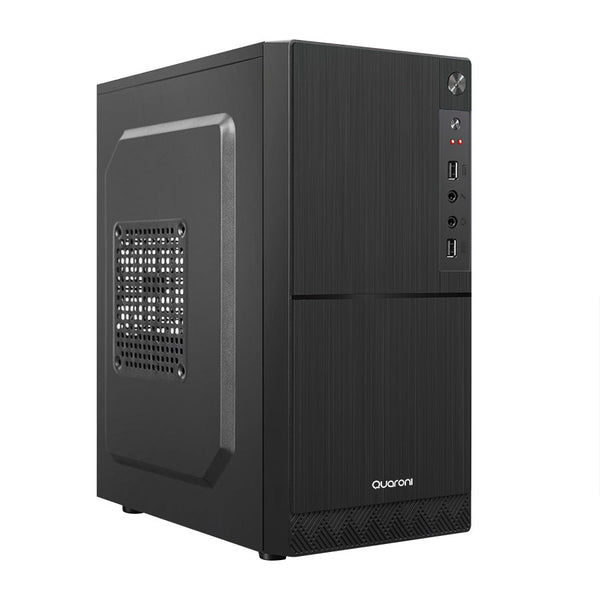 Gabinete Quaroni Frente Abs, Negro Tipo Alumino Cepillado Con Encendido Y Puertos Laterales, Micro Atx, Mini Itx, Fuente De Poder Incluida De 500w