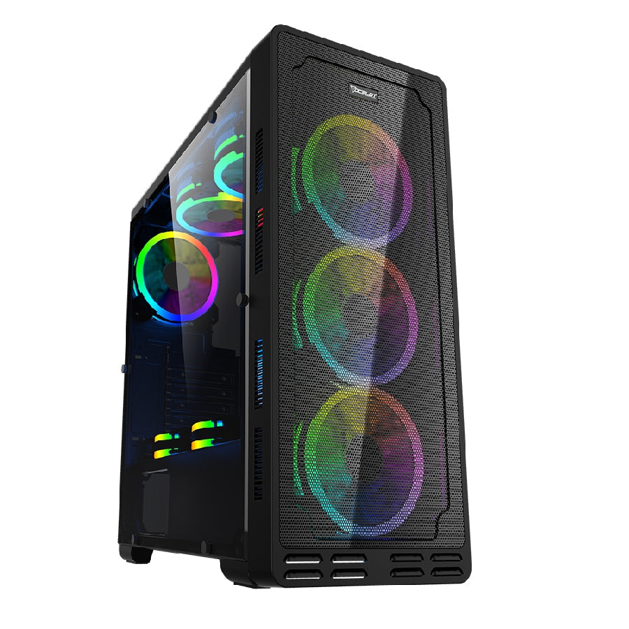 Gabinte Ocelot Gaming Atx Panel Frontal De Malla Metalica,  Lateral De Cristal Templado , Sin Fuente,   Incluye 3 Ventiladores